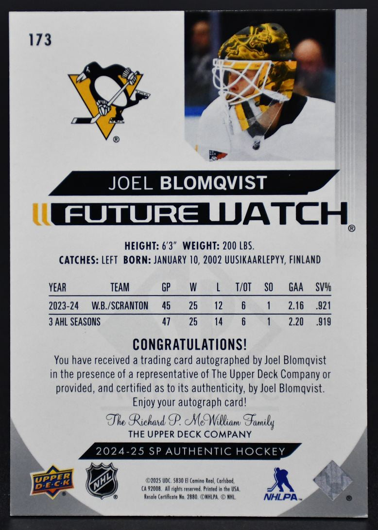 2024-25 SP Authentic Future Watch Horizontal Blomqvist Penguins RC Auto /599