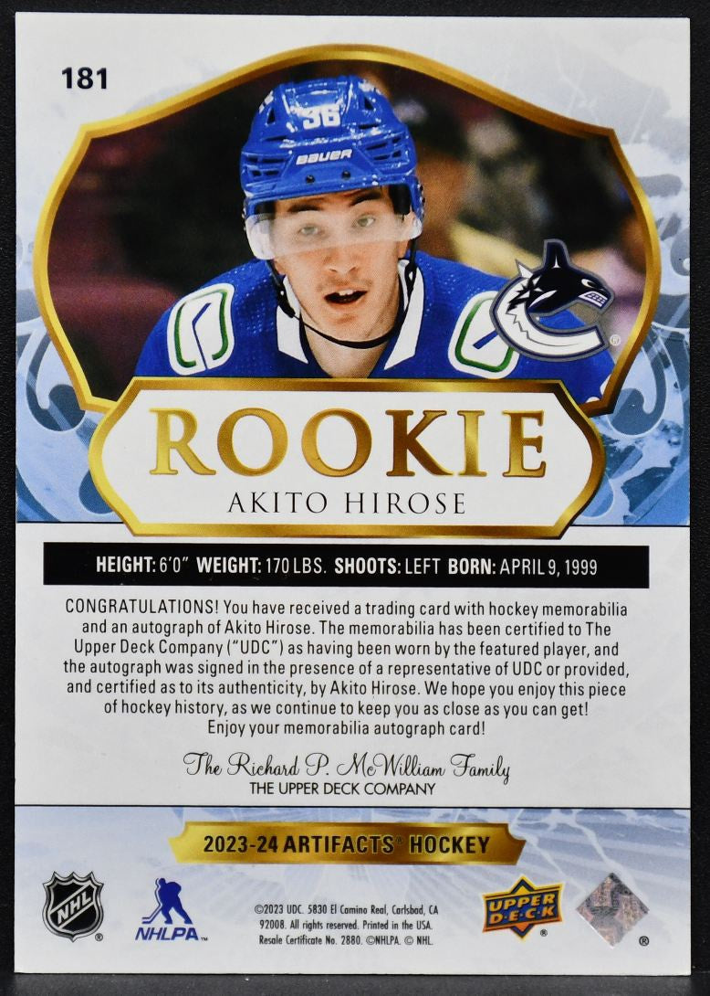 23-24 UD Artifacts Auto Material Gold Akito Hirose Canucks RC Auto /149 Jersey 4979