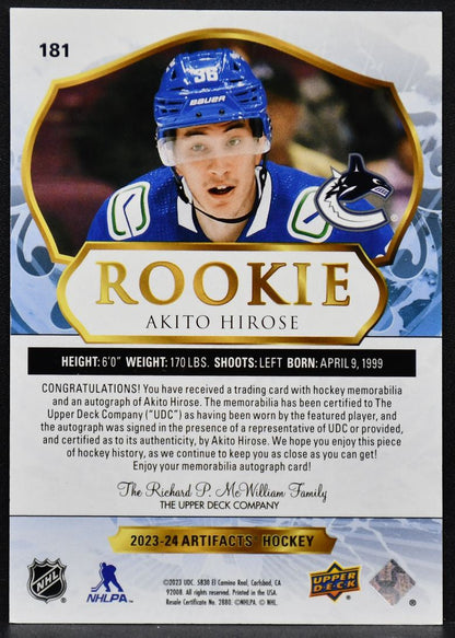 23-24 UD Artifacts Auto Material Gold Akito Hirose Canucks RC Auto /149 Jersey 4979