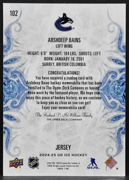 2024-25 Upper Deck Ice Rookie Jersey Arshdeep Bains 102 Canucks RC Jersey 6118