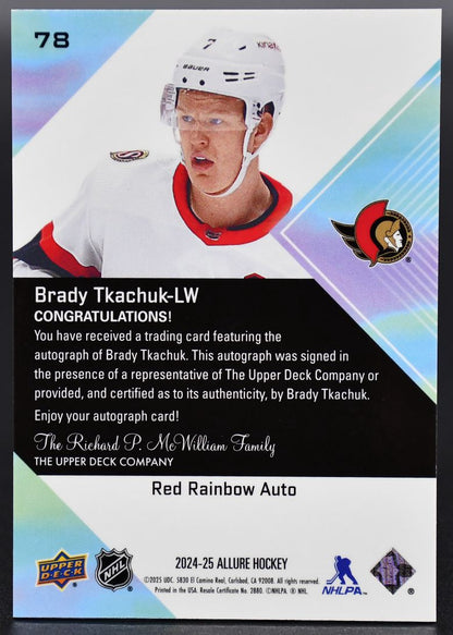 2024-25 UD Allure Auto Red Rainbow Brady Tkachuk 78 Ottawa Senators Auto