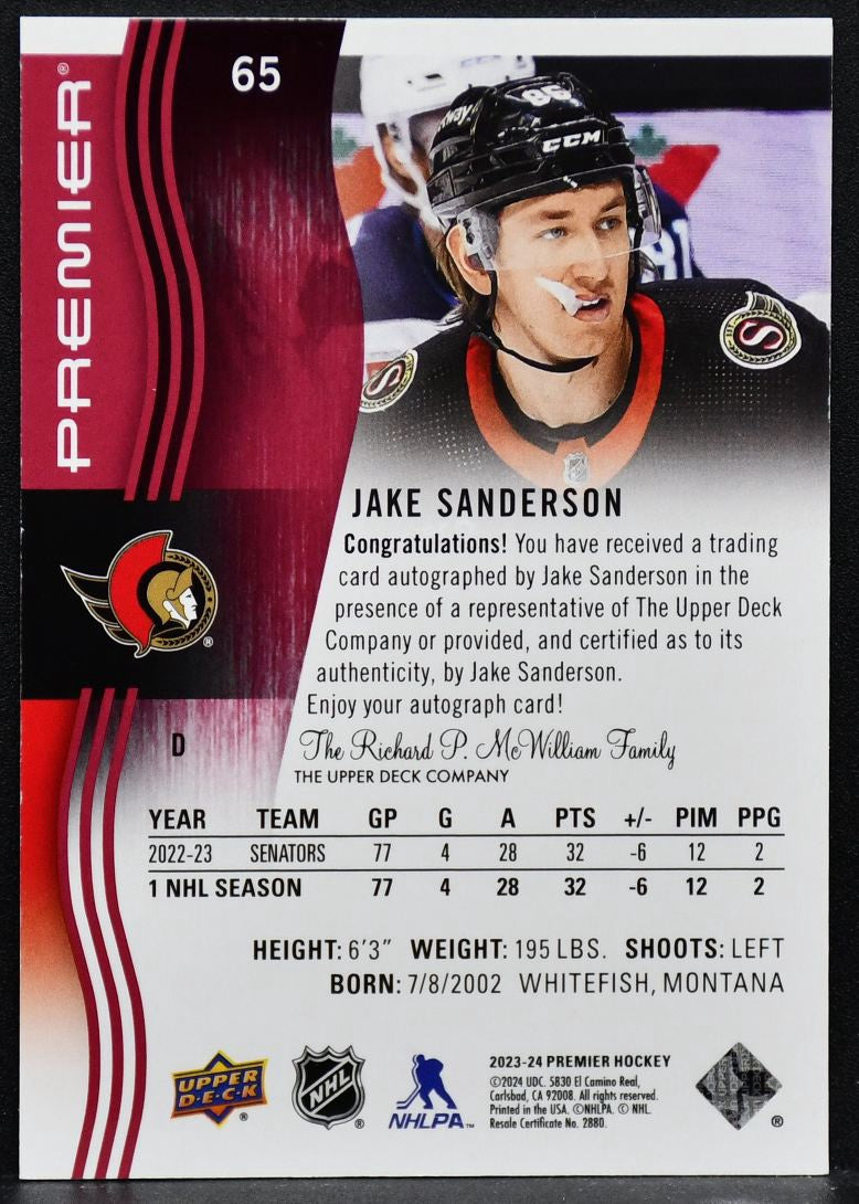 2023-24 UD Premier Auto Jake Sanderson 65 Ottawa Senators Auto