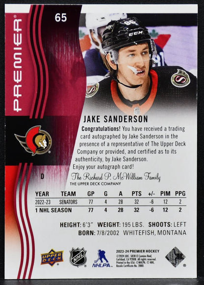 2023-24 UD Premier Auto Jake Sanderson 65 Ottawa Senators Auto