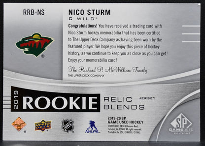 2019-20 SP Game Used 2019 Rookie Relic Blends Nico Sturm RC 112/125 Jersey 6304