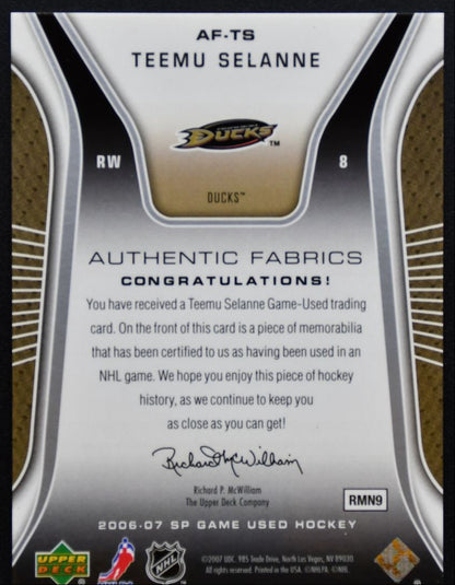 2006-07 SP Game Used Authentic Fabrics Teemu Selanne Anaheim Ducks Jersey 5197