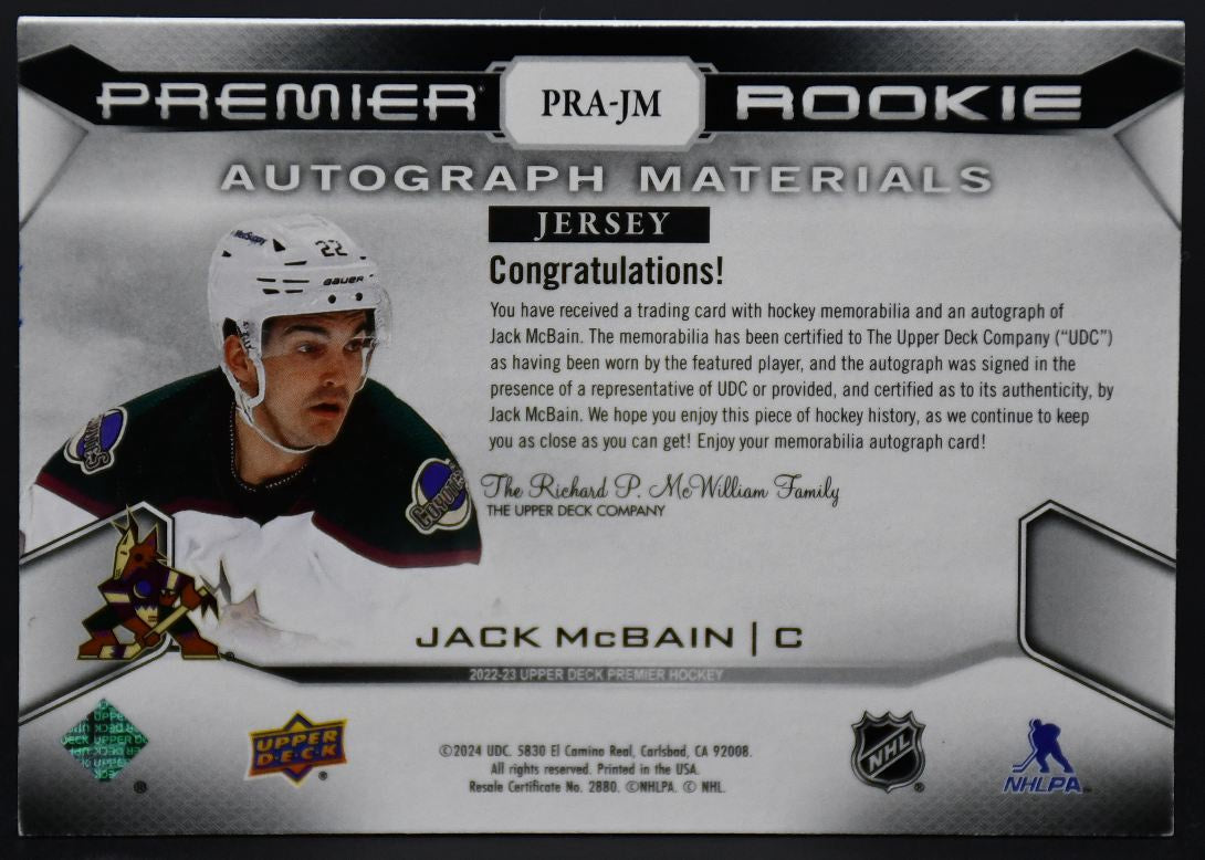 2022-23 UD Premier Jack McBain PRA-JM Arizona Coyotes RC Auto /99 Jersey