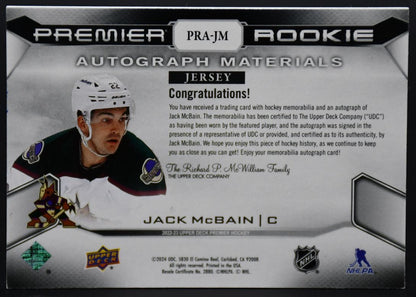 2022-23 UD Premier Jack McBain PRA-JM Arizona Coyotes RC Auto /99 Jersey