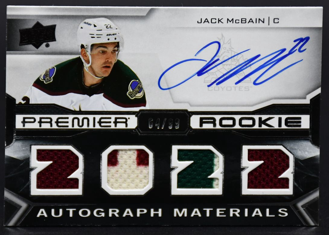 2022-23 UD Premier Jack McBain PRA-JM Arizona Coyotes RC Auto /99 Jersey