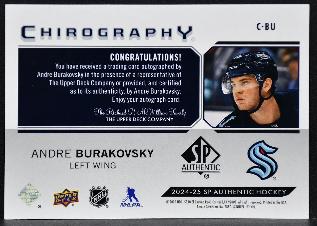 2024-25 SP Authentic Chirography Andre Burakovsky C-BU Seattle Kraken Auto 4740