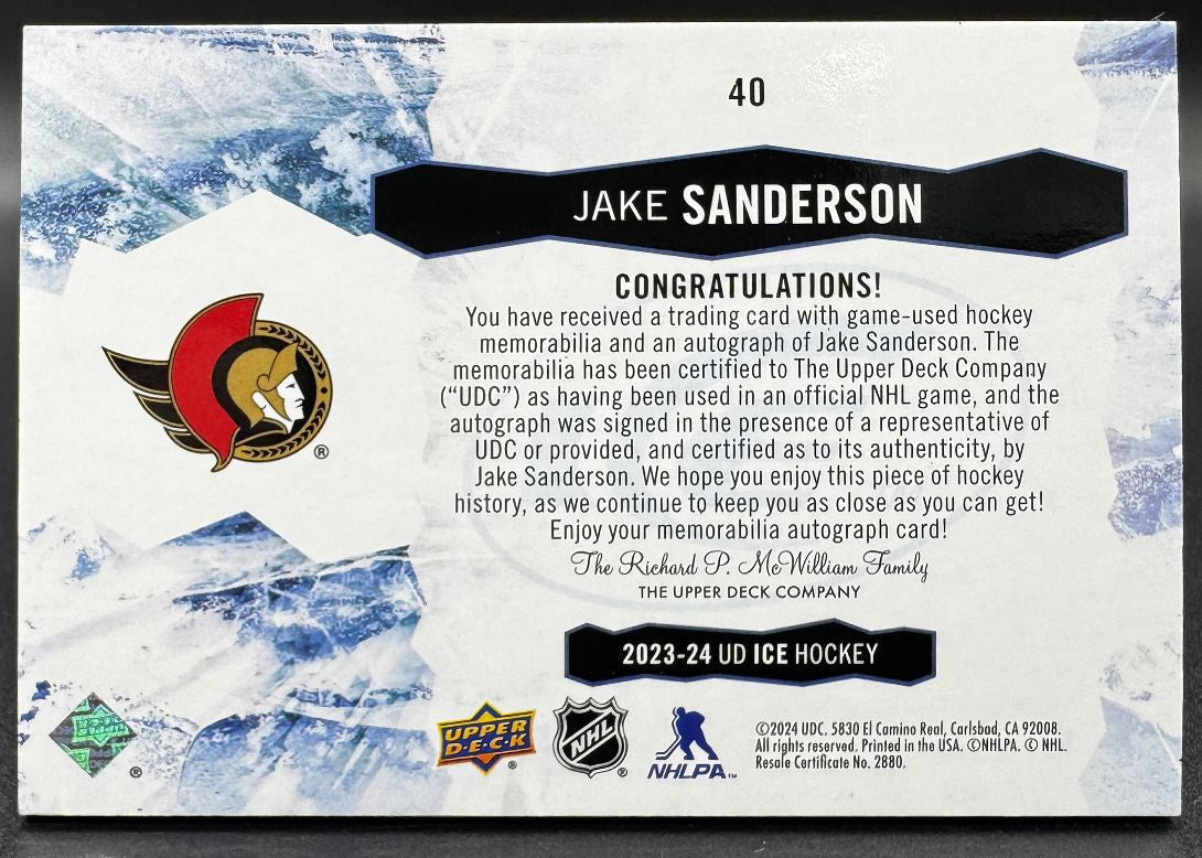 2023-24 UD Ice White Snowflake Autographs Jake Sanderson Auto /49