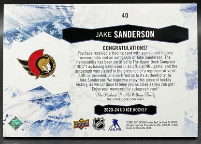 2023-24 UD Ice White Snowflake Autographs Jake Sanderson Auto /49