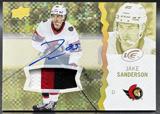 Autographe de Jake Sanderson /49, édition limitée UD Ice White Snowflake 2023-24