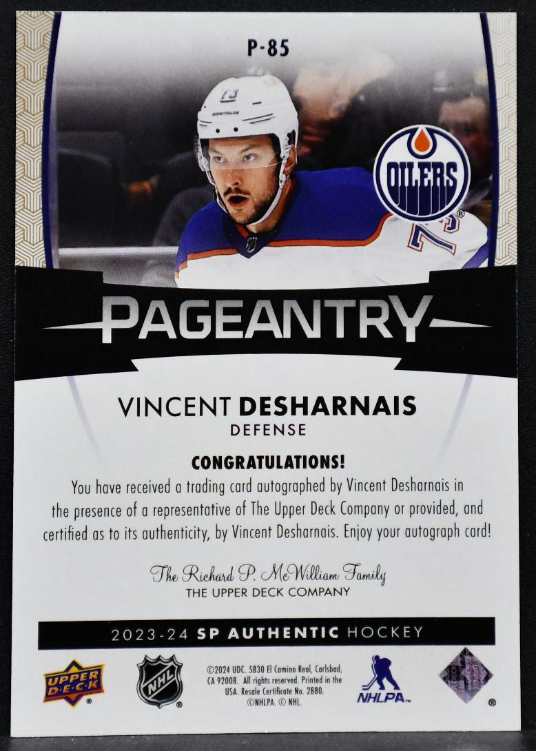 23-24 SP Authentic Pageantry Autographs Vincent Desharnais P-85 Oilers Auto 5327