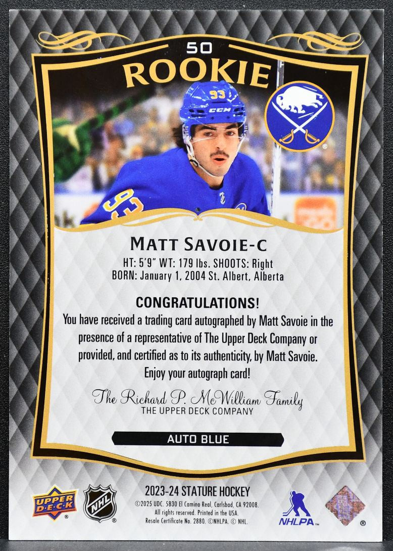 2023-24 Upper Deck Stature Auto Blue Matt Savoie 50 Sabres RC Auto 12/25 8016