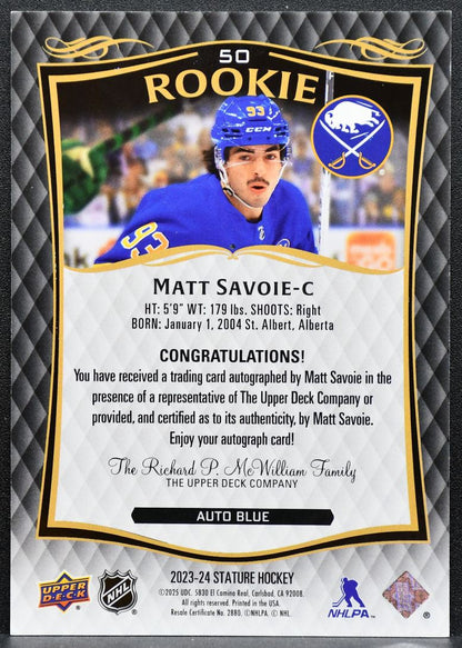 2023-24 Upper Deck Stature Auto Blue Matt Savoie 50 Sabres RC Auto 12/25 8016