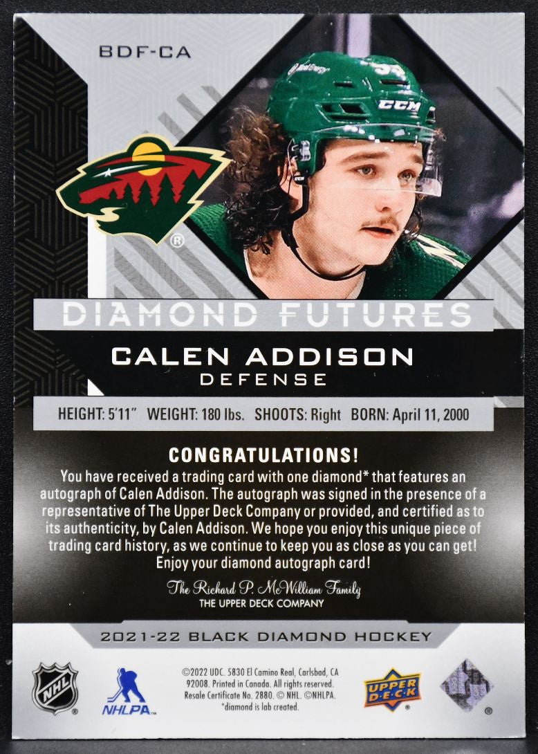 2021-22 UD Black Diamond Futures Purple Relic Autographs Addison RC Auto 0893