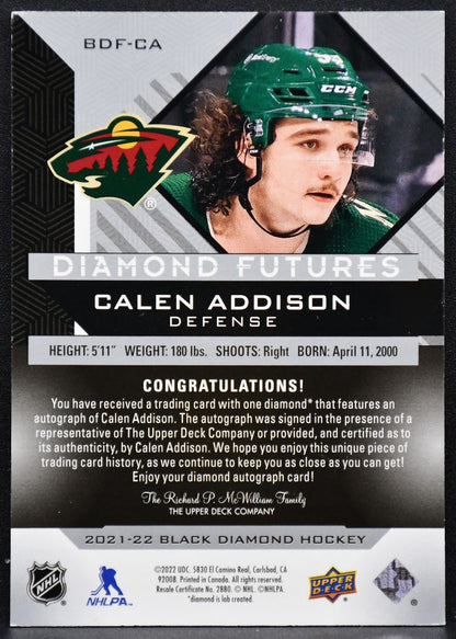 2021-22 UD Black Diamond Futures Purple Relic Autographs Addison RC Auto 0893