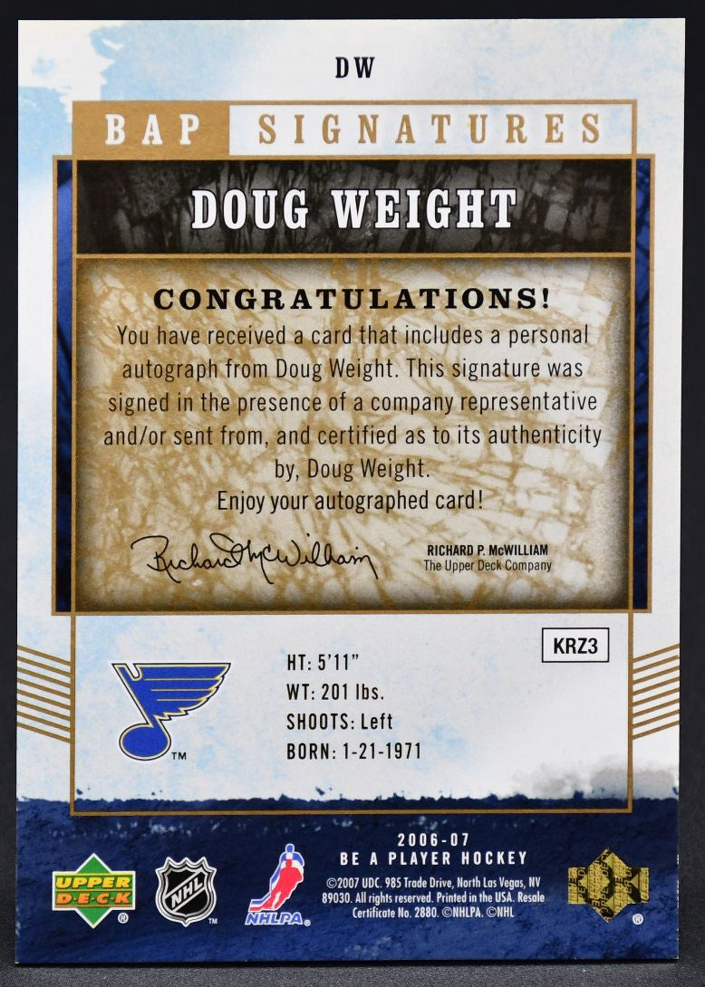 2006-07 UD Be A Player BAP Signature Doug Weight DW Auto