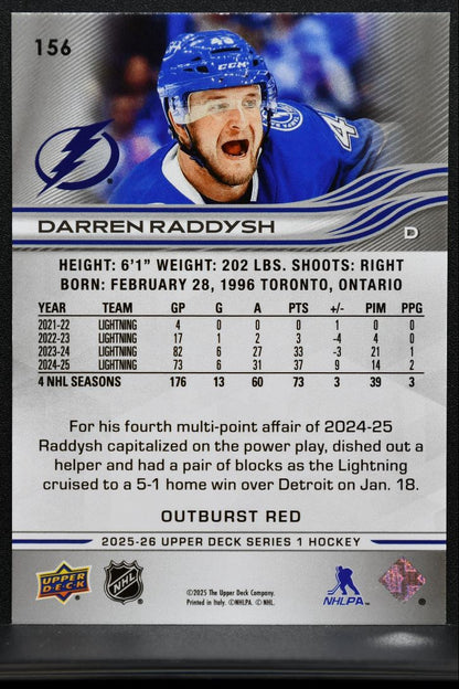 2025-26 Upper Deck Series 1 Outburst Red Darren Raddysh 156 Lightning 07/25 4144