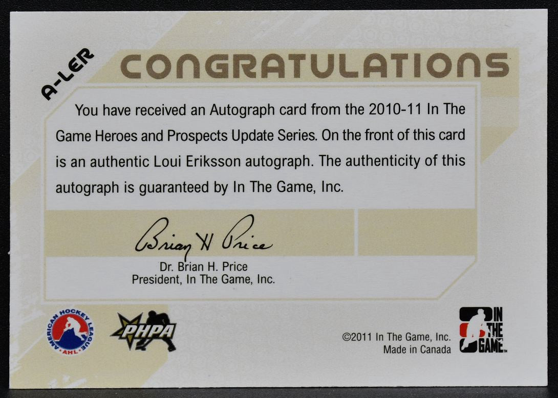 2011-12 In The Game Heroes and Prospects Loui Eriksson A-LER Stars Auto 1271