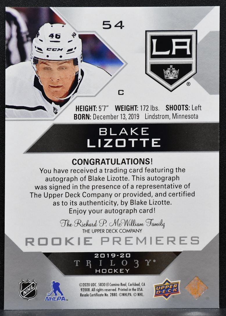 2019-20 UD Trilogy Rookie Premieres Auto Blake Lizotte RC Auto 161/399 7288