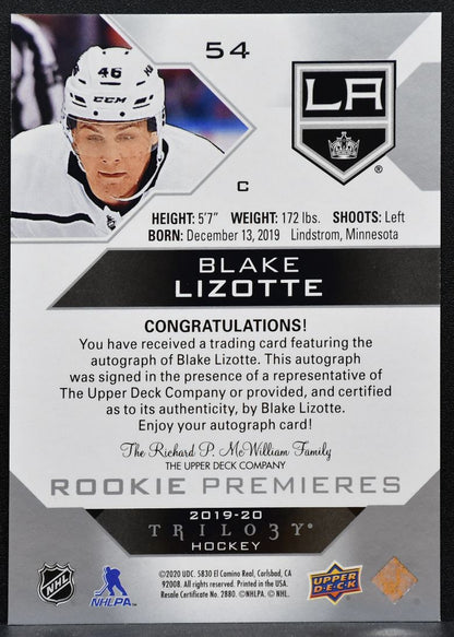 2019-20 UD Trilogy Rookie Premieres Auto Blake Lizotte RC Auto 161/399 7288