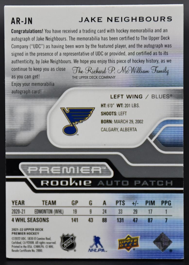 2021-22 UD Premier Neighbours AR-JN St. Louis Blues RC Auto /249 Patch