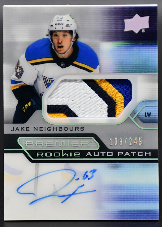 Carte RC autographiée UD Premier Neighbours AR-JN St. Louis Blues 2021-22 /249 Patch