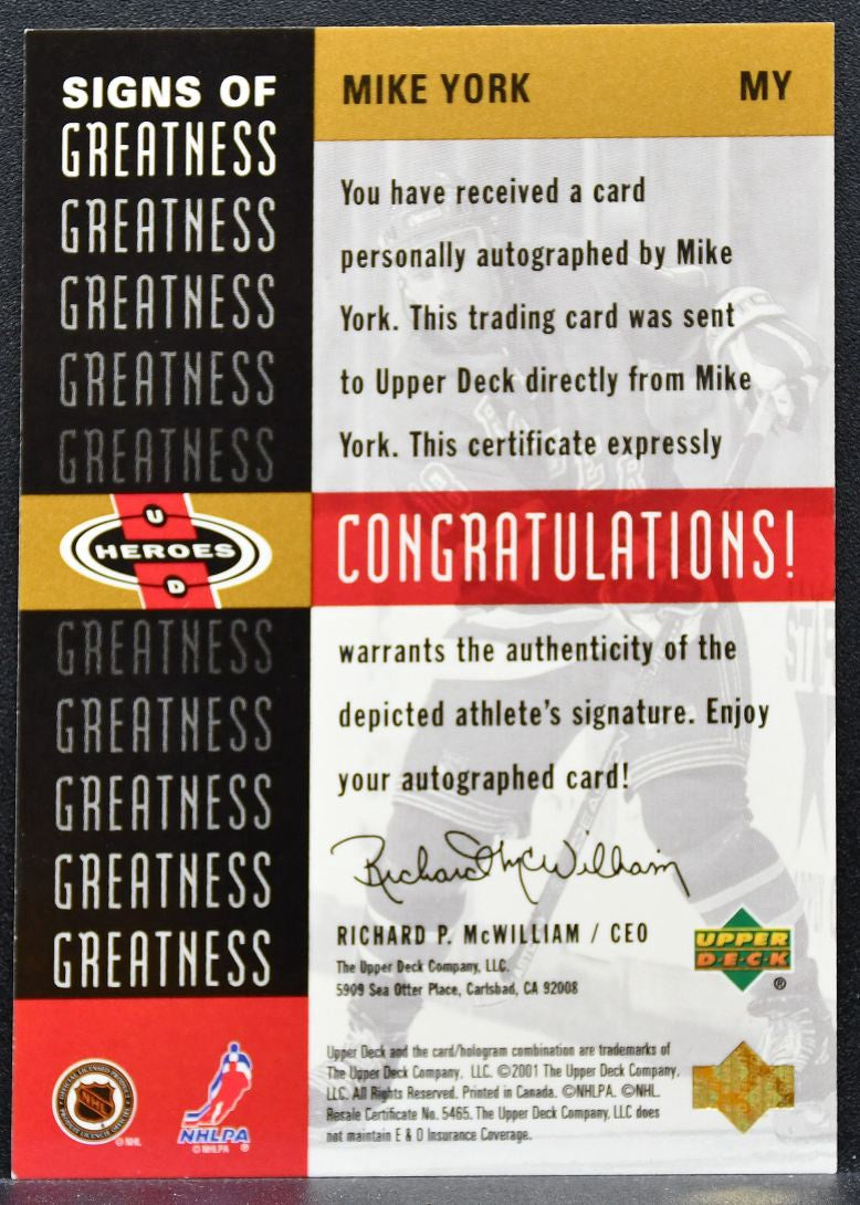 2000-01 Upper Deck Heroes Signs of Greatness Mike York MY Rangers Auto 0086