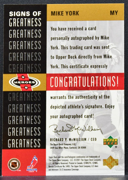 2000-01 Upper Deck Heroes Signs of Greatness Mike York MY Rangers Auto 0086