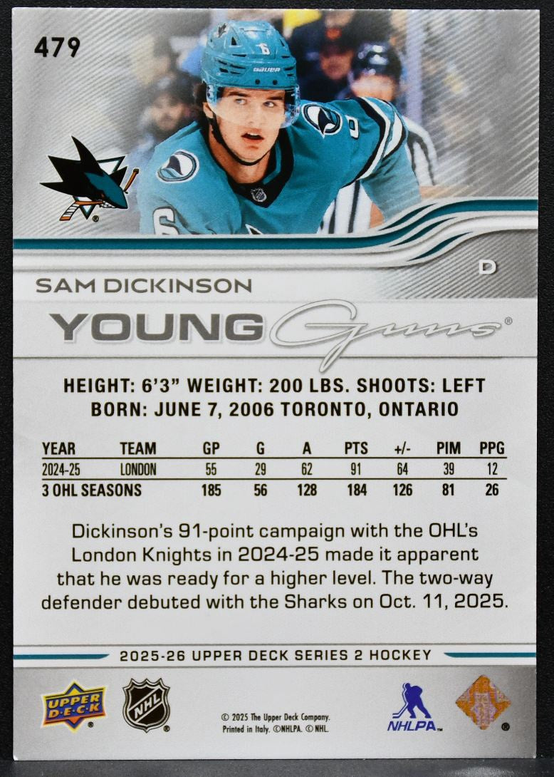 2025-26 Upper Deck Series 2 Young Guns Sam Dickinson 479 San Jose Sharks RC 5862