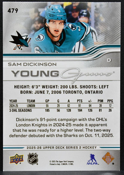 2025-26 Upper Deck Series 2 Young Guns Sam Dickinson 479 San Jose Sharks RC 5862