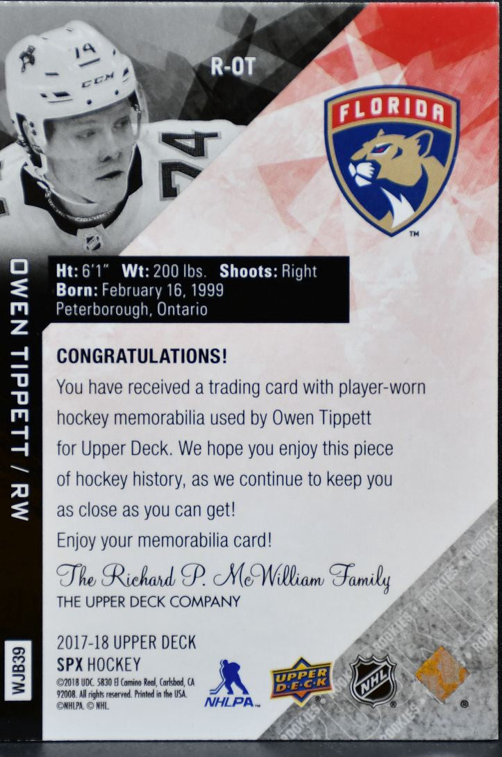 2017-18 SPx Rookies Jersey Owen Tippett R-OT Panthers 277/299 Jersey 3307