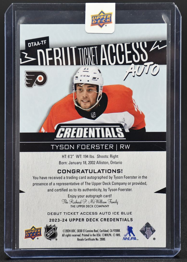 2023-24 UD Credentials Tyson Foerster DTAA-TF Philadelphia Flyers RC Auto /199