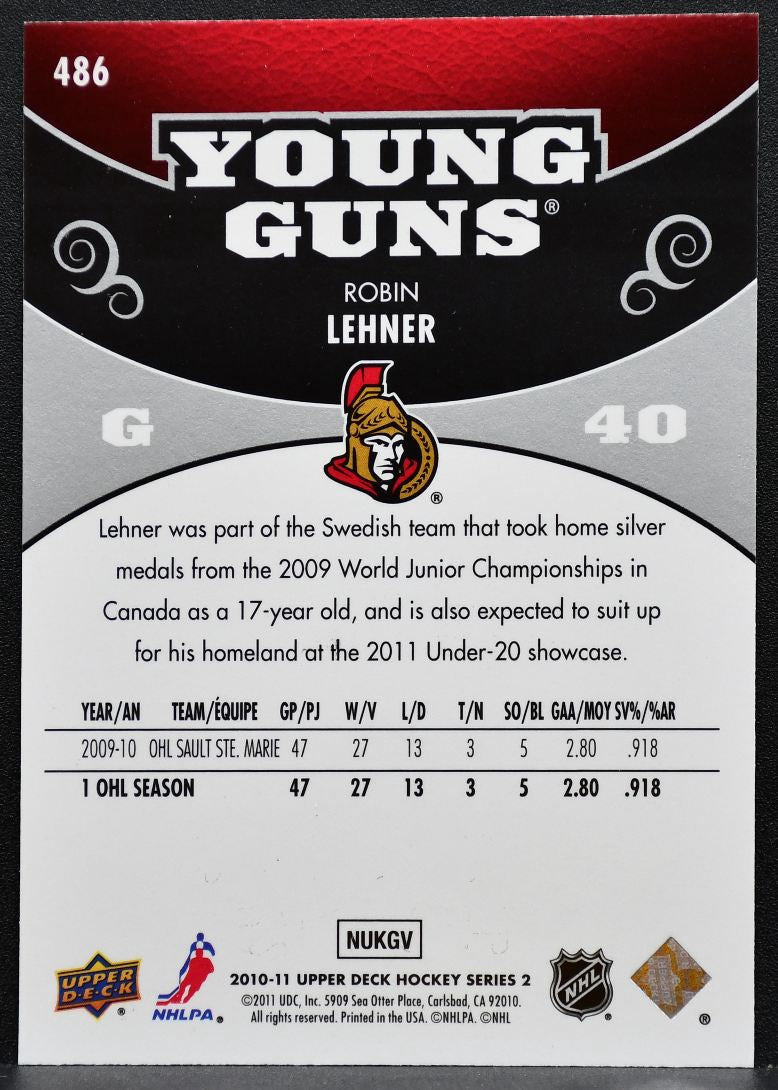 2010-11 Upper Deck Series 2 Young Guns Robin Lehner 486 Ottawa Senators RC 7707