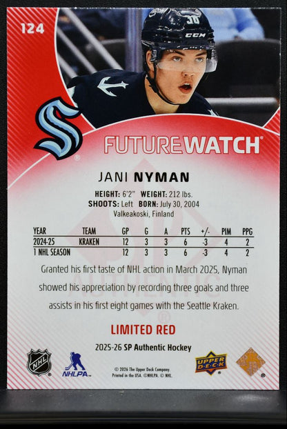 2025-26 SP Authentic Future Watch Limited Red Jani Nyman Seattle Kraken RC 3369