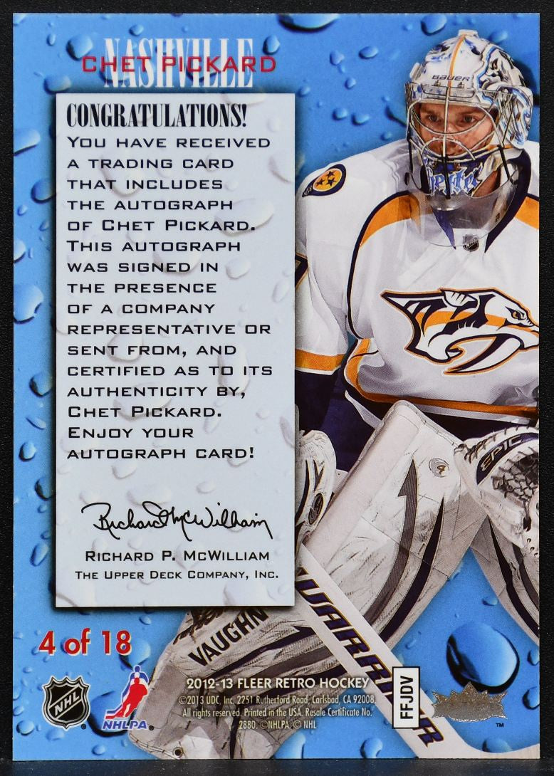 2012-13 Fleer Retro Rookie Sensation Chet Pickard 4 Predators Auto 1707