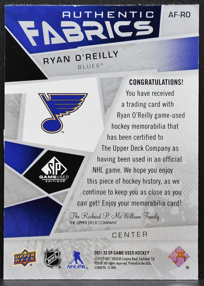 2021-22 SP Game Used Authentic Fabrics Ryan O'Reilly AF-RO Blues Jersey 2379