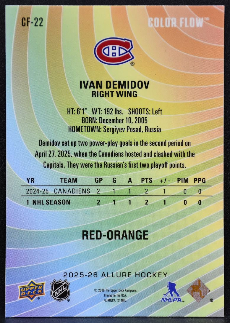 2025-26 UD Allure Color Flow Red-Orange Ivan Demidov CF-22 Canadiens RC 5187