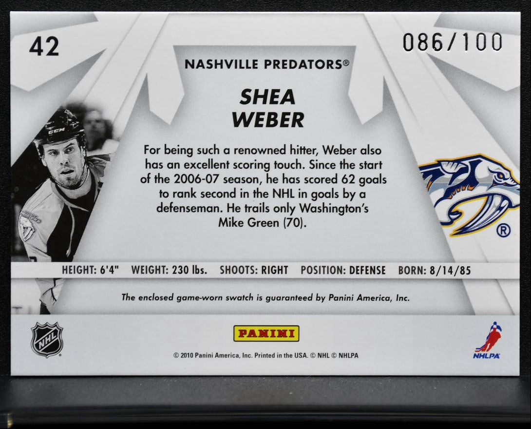 2010-11 Donruss Boys of Winter Threads Prime Shea Weber 42 /100 Patch 3545