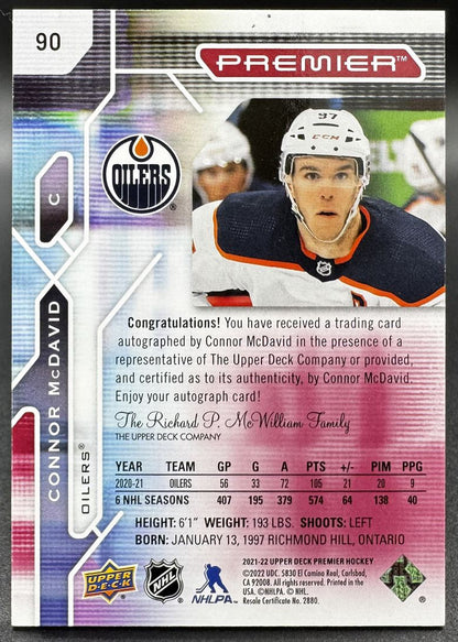 2021-22 UD Premier Autographs Connor McDavid 90 Edmonton Oilers AUTO