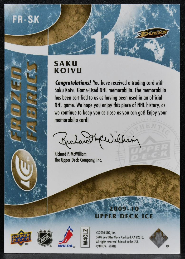 2009-10 Upper Deck Ice Frozen Fabrics Saku Koivu FR-SK Anaheim Ducks Jersey 3541