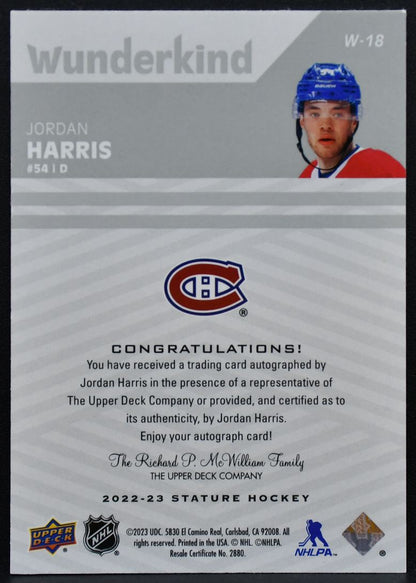 2022-23 UD Stature Wunderkind Auto Jordan Harris W-18 Canadiens RC Auto 7983