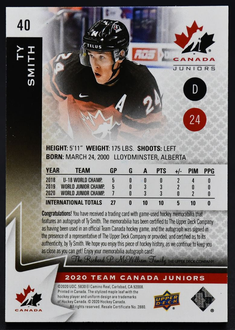 2020-21 UD Team Canada Juniors Auto Patch Ty Smith 40 Auto 154/199 Patch