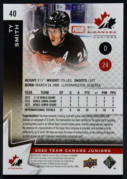 2020-21 UD Team Canada Juniors Auto Patch Ty Smith 40 Auto 154/199 Patch