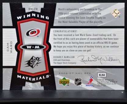 2006-07 SPx Winning Materials Silver Cam Ward WM-CW Hurricanes 23/99 Jersey 7146