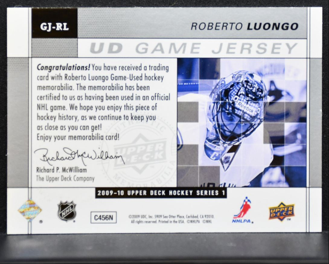 2009-10 Upper Deck Series 1 UD Game Jerseys Roberto Luongo Canucks Jersey 3179