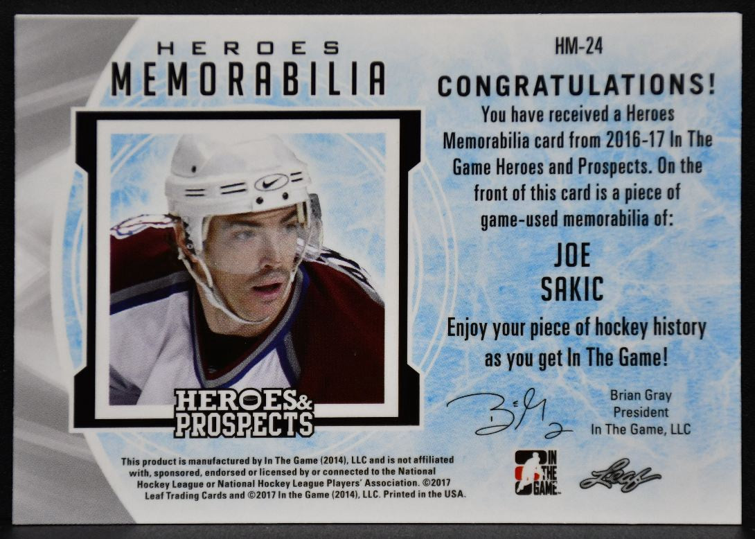 14-15 Leaf In The Game Heroes and Prospects Hero Memorabilia Joe Sakic Jersey 4121