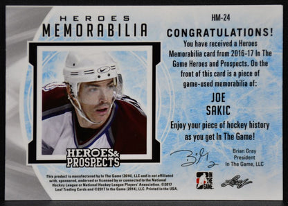 14-15 Leaf In The Game Heroes and Prospects Hero Memorabilia Joe Sakic Jersey 4121