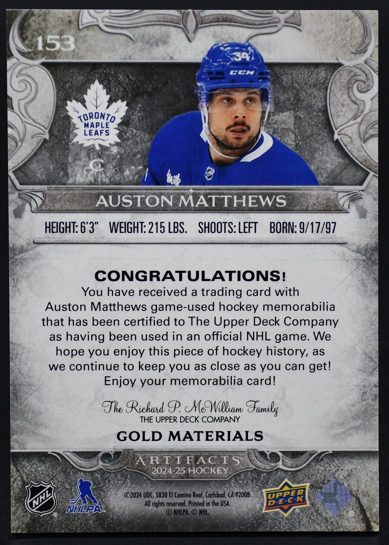 2024-25 UD Artifacts Gold Materials Auston Matthews 153 044/199 Jersey
